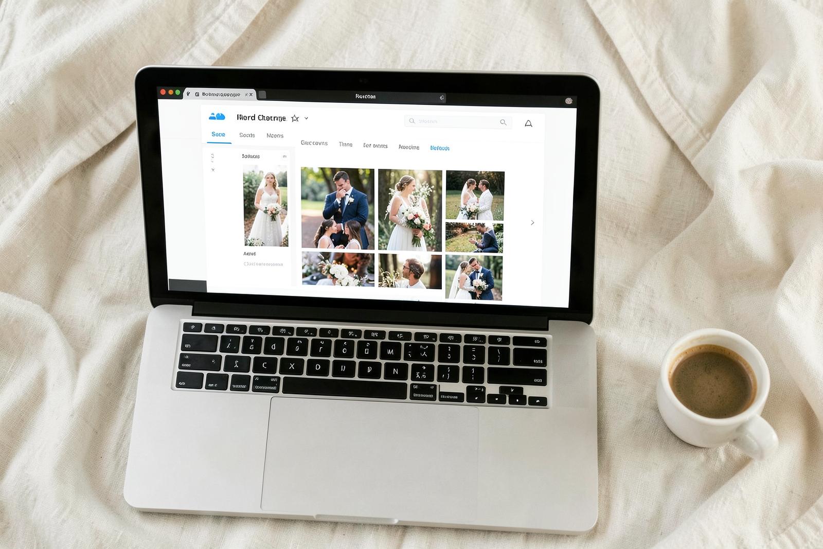 A laptop showing wedding photos being organized into a cloud storage folder
