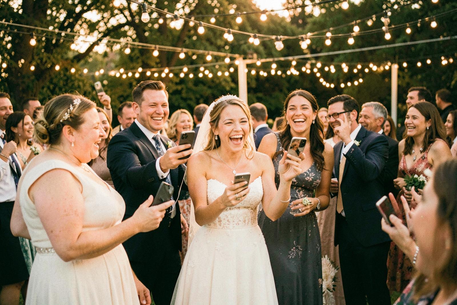 Wedding guests laughing and taking photos with their phones under string lights