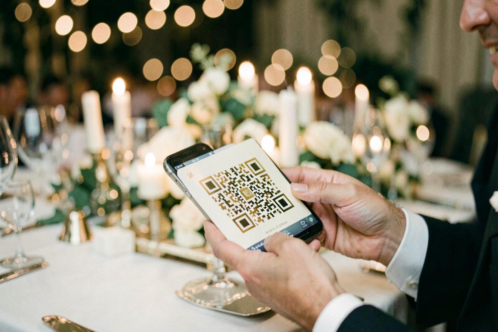 A wedding guest scanning an elegant QR code table card at a candlelit reception
