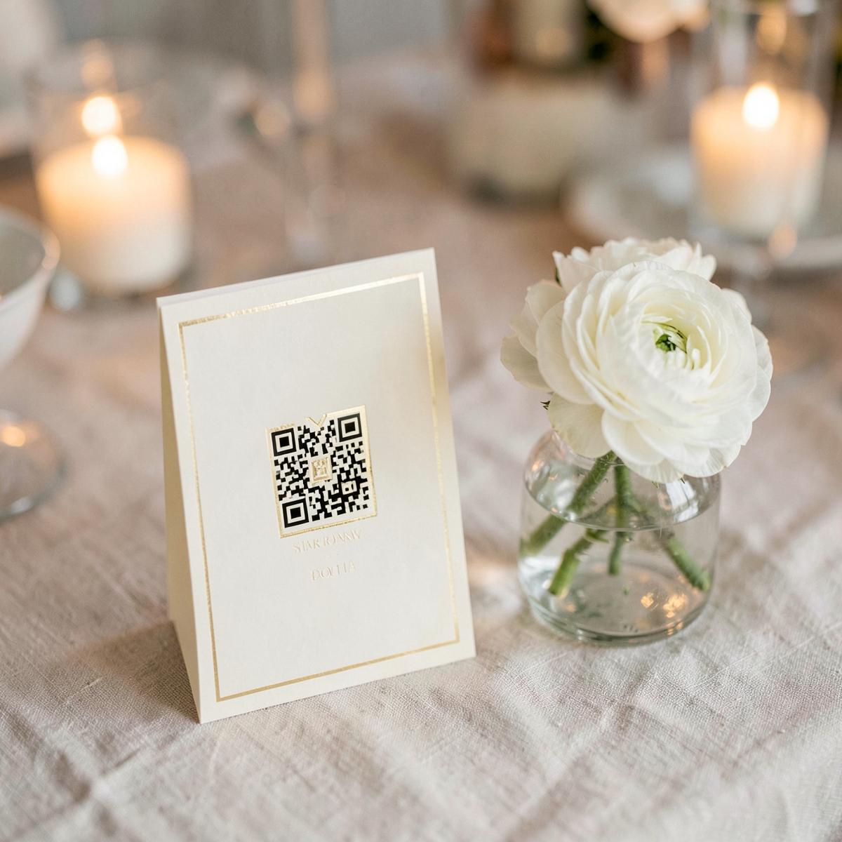 A minimalist cream wedding table card with a gold-foil QR code beside white ranunculus